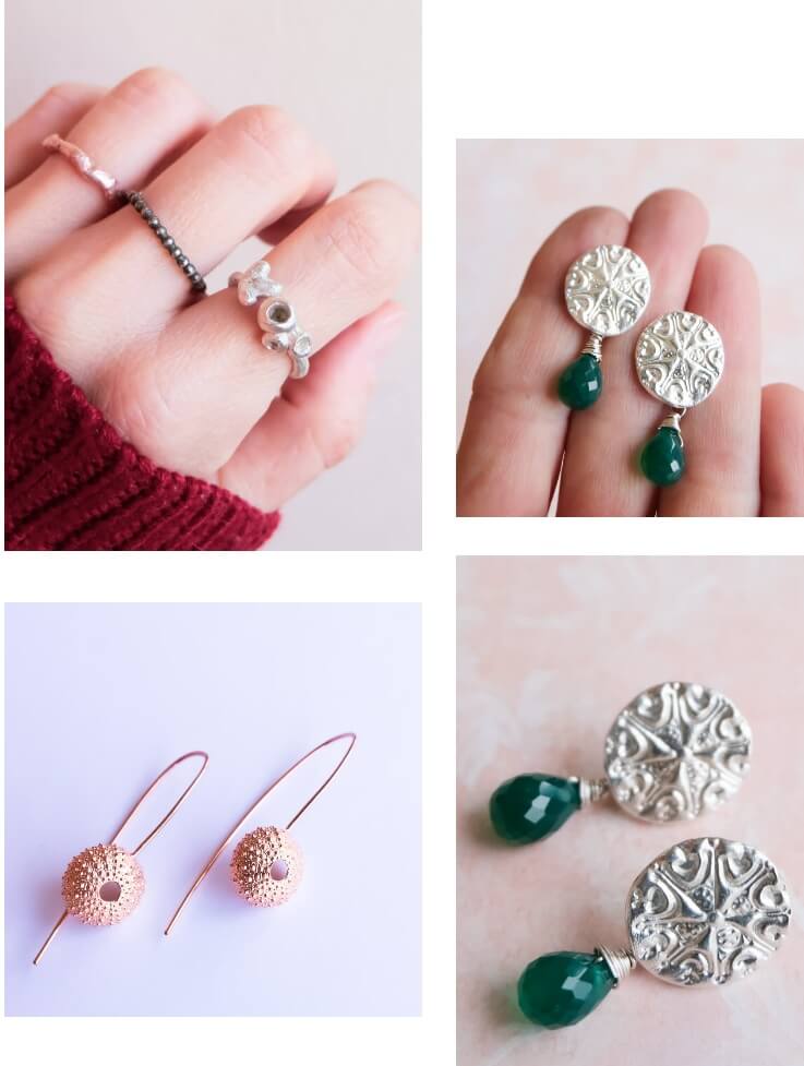 Sea urchin earrings, some of my favourite rings and a custom pair of green onyx earrings.