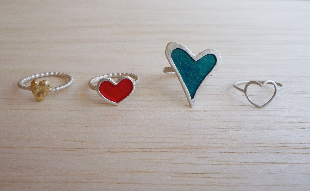 Four variations on a heart ring, plus a new custom-made snowflake bracelet.