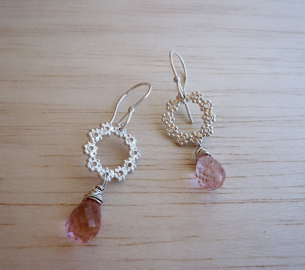 Flower wreath earrings with pink quartz.