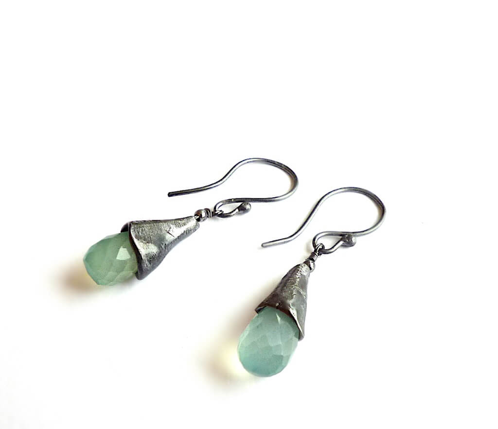 Conical earrings with aqua blue chalcedony in black platinum plated silver and brass.