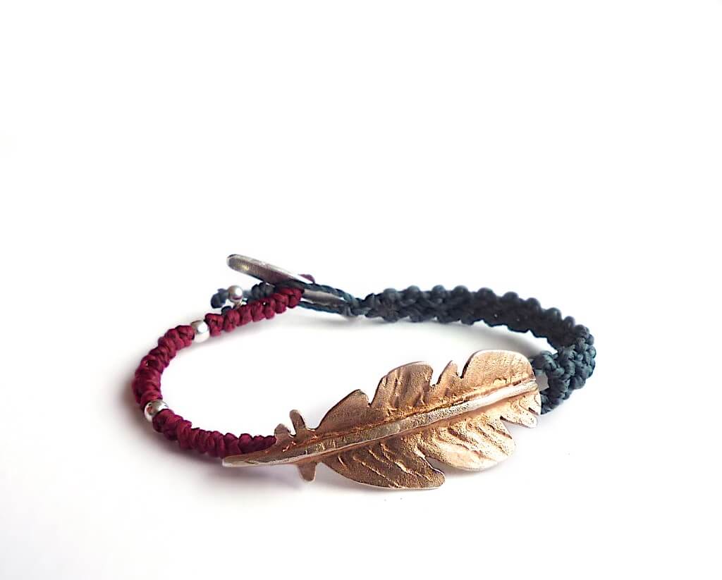Another version of the macrame feather bracelet in rose gold plated sterling silver.