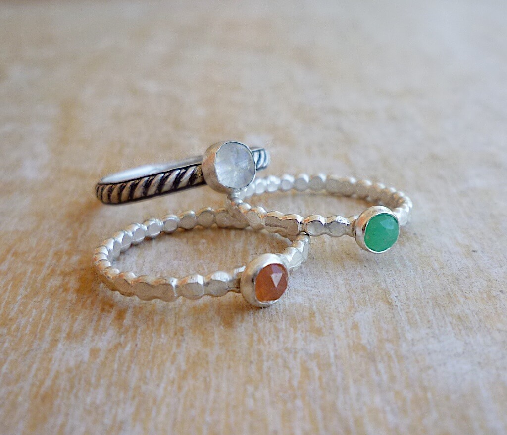 Sterling silver rings with moonstone, chrysoprase chalcedony and peach moonstone.