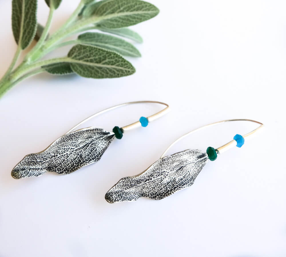 Salvia leaf earrings with faceted jade.