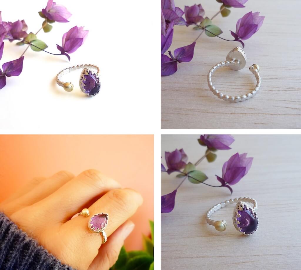 Next, I made one of my favourite ring designs, the birthstone rings with the 14k yellow gold "pebbles". The amethyst teardrop cabochon is set using gallery wire to make the bezel.