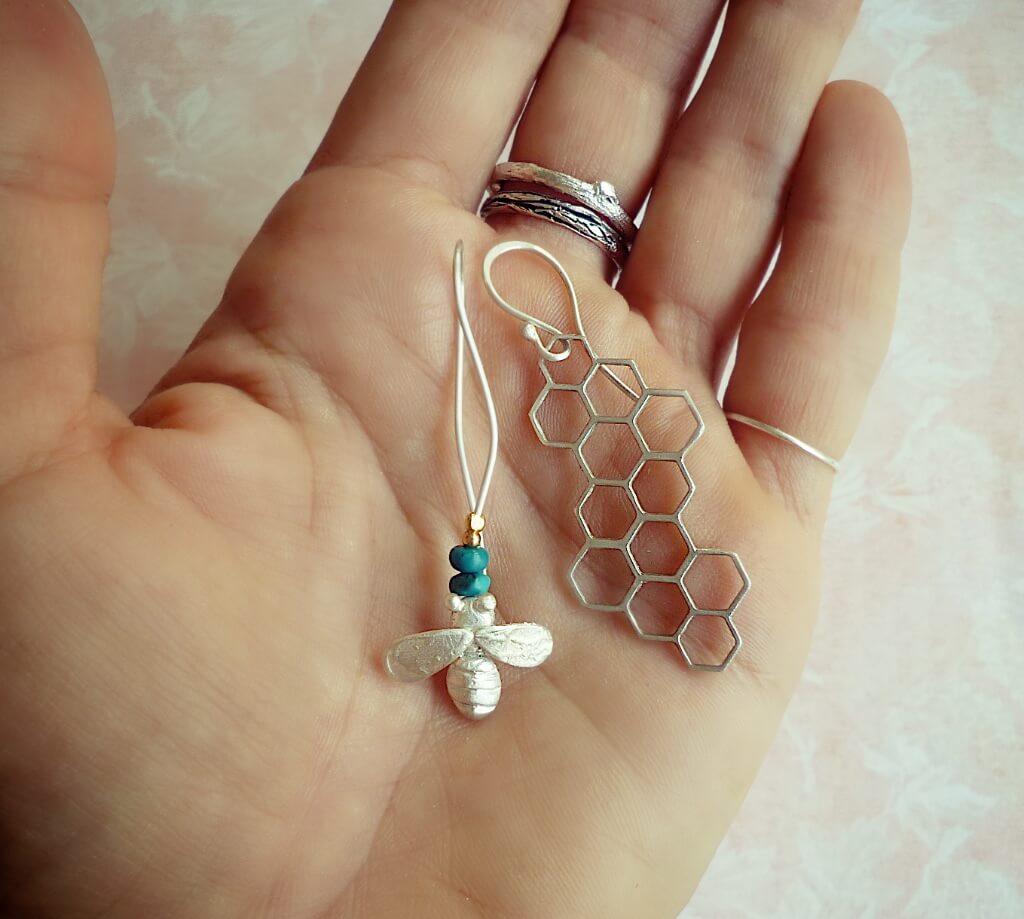 Bee and honeycomb earrings, adorned with turquoise rondelles.