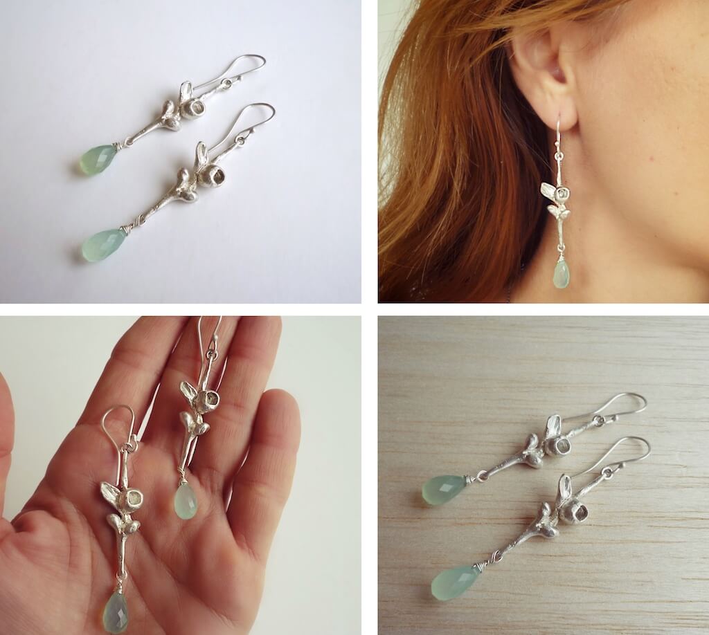 I also made a new pair of botanical earrings with aqua blue chalcedony briolettes.