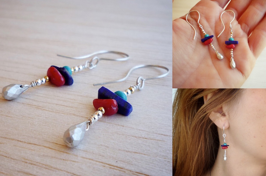 Silver briolette earrings with coral, lapis lazuli and turquoise.