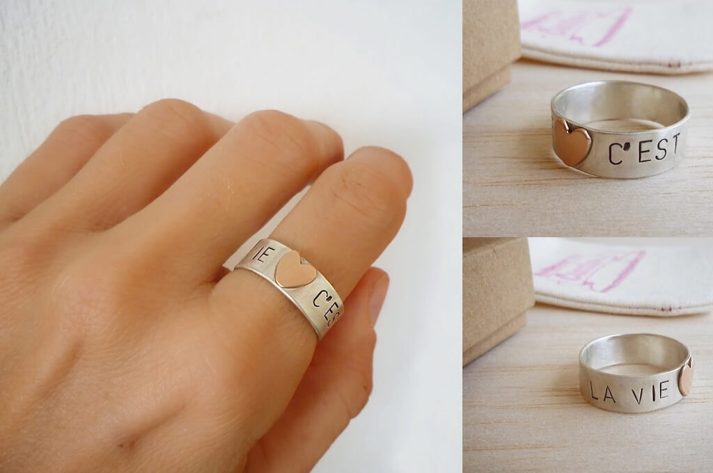 "C'est la vie", stamped sterling silver ring with 14k rose gold heart.