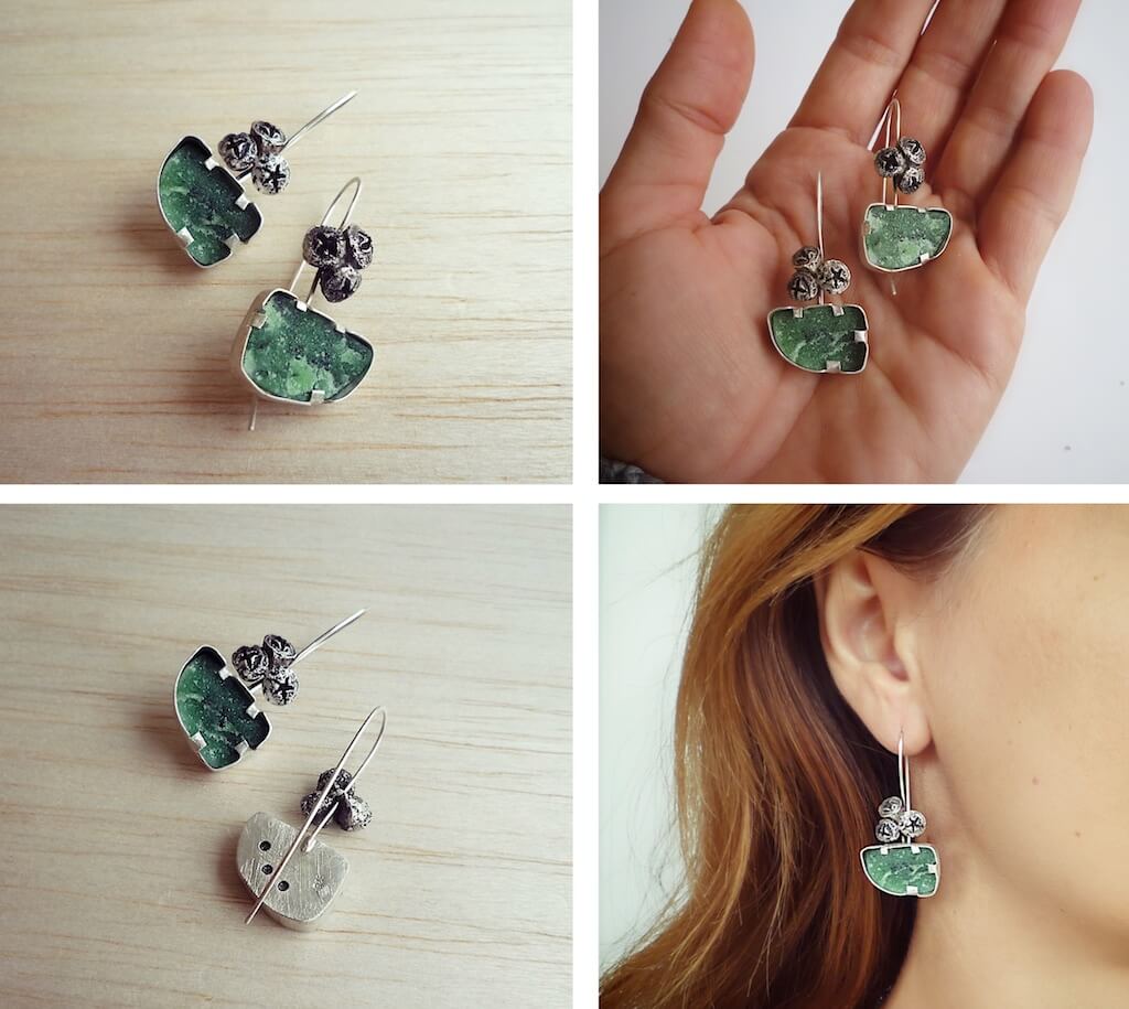 Today I managed to finish these new pairs of earrings that have been sitting on my bench for a few days. The first pair features these amazing green druzy stones, combined with eucalyptus seeds.