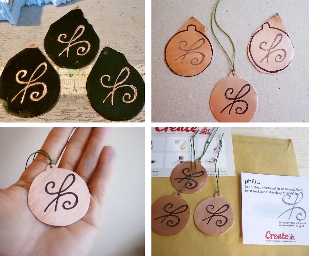 During this busy time of year, I'm trying to sqeeze in a few custom pieces. I made a set of three etched copper ornaments and a couple tree of life jewelry.