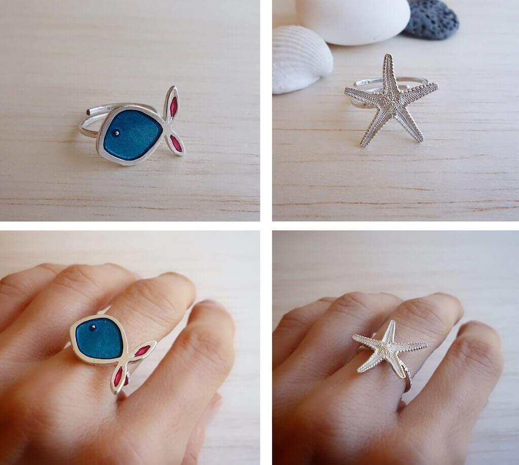 Fish and starfish rings with adjustable sterling silver bands.