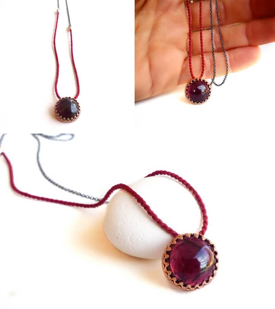 A new garnet necklace in rose gold plated sterling silver with silk cord and black platinum plated chain.