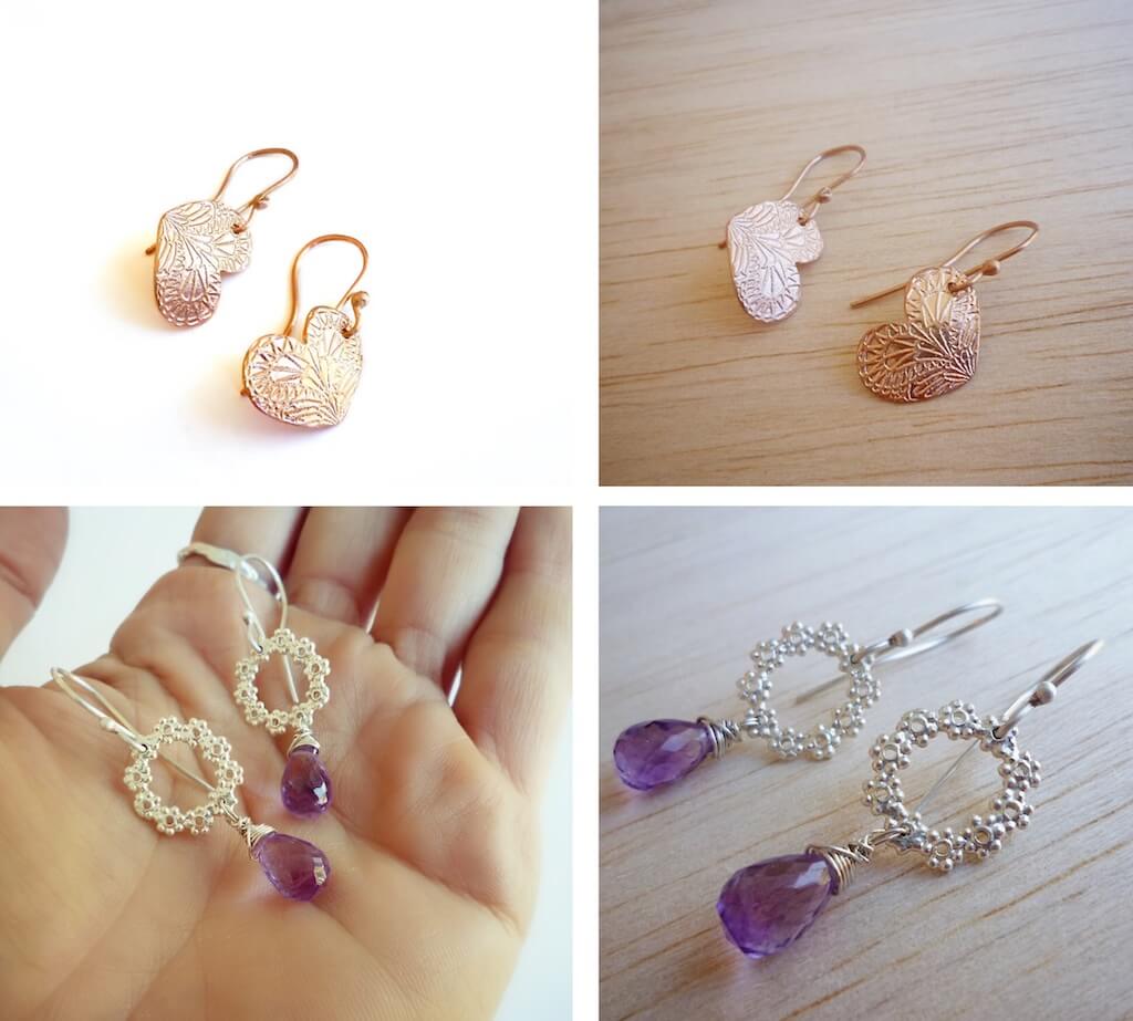 A rose gold plated sterling silver version of the lace heart earrings and flower wreath earrings with sparkling amethyst briolettes. A rose gold plated sterling silver version of the lace heart earrings and flower wreath earrings with sparkling amethyst briolettes. A rose gold plated version of the lace heart earrings and flower wreath earrings with sparkling amethyst briolettes.