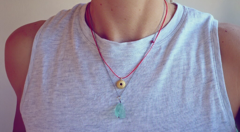 Yellow gold plated sea urchin pendant, together with my favourite fluorite chain necklace.