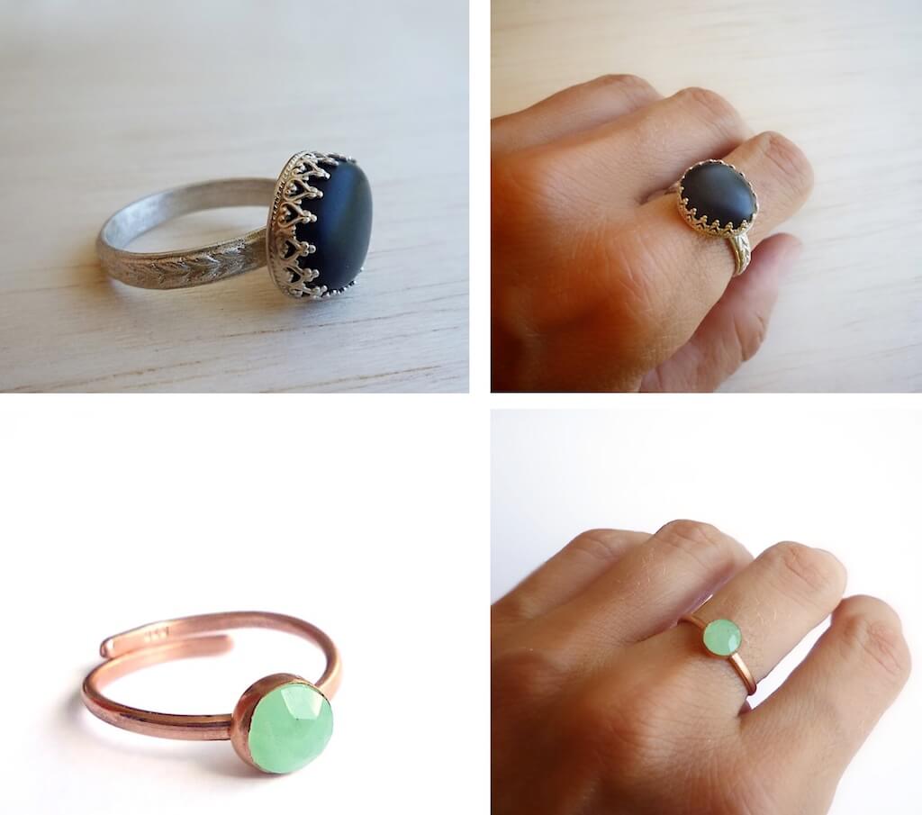 I never get tired of making new rings! Pebbles and chrysoprase are combines with sterling silver and rose gold plated sterling silver.