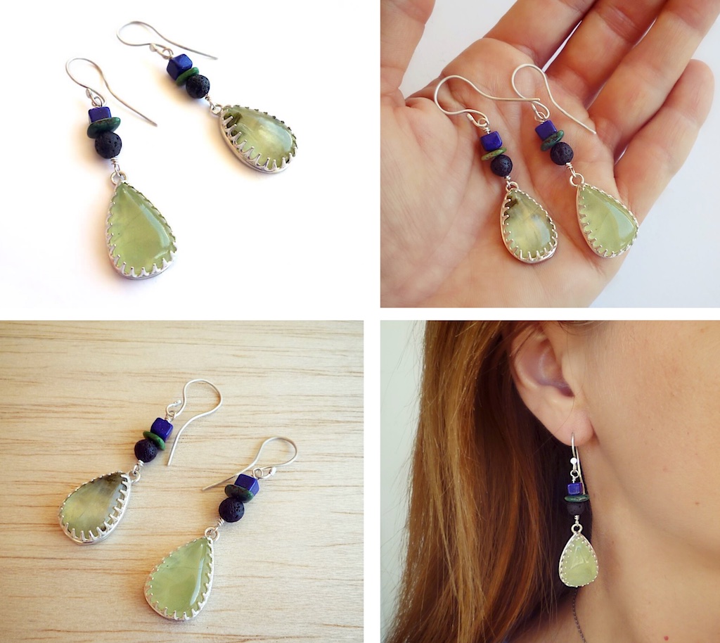 New earrings with prehnite and blue larimar.