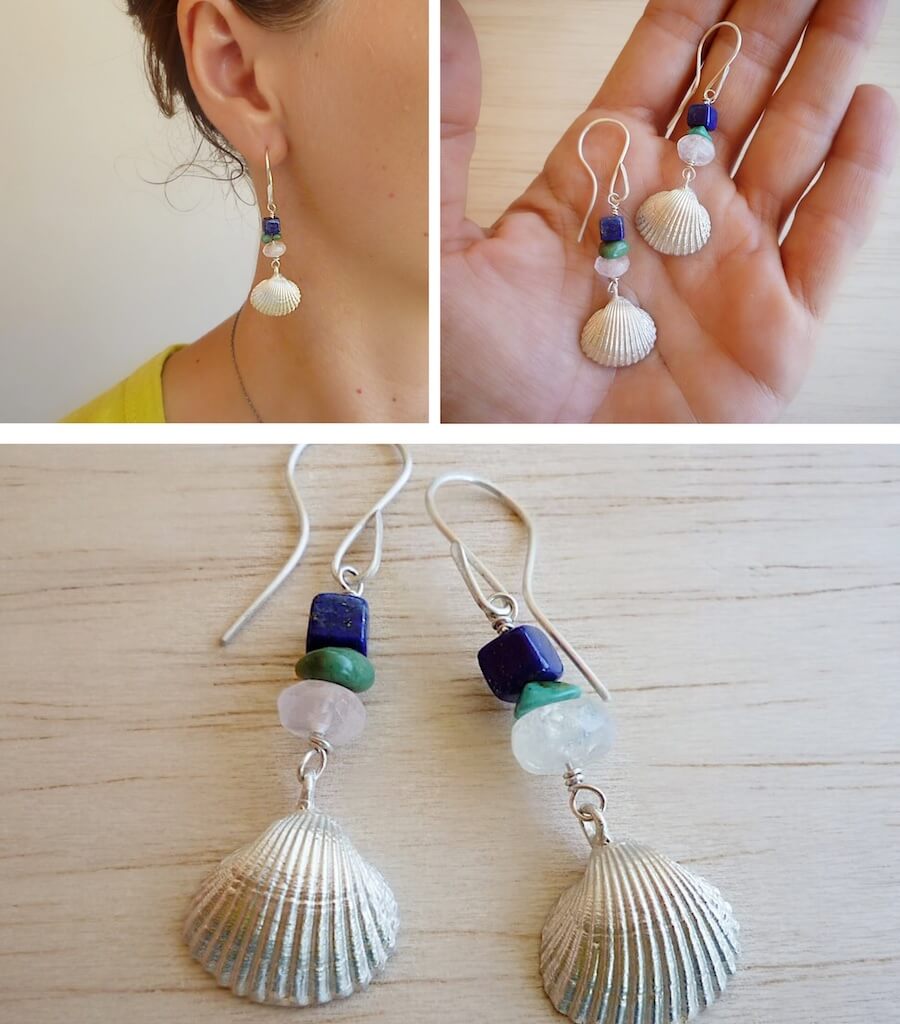 Using the seashells that I collected back in May from Balos beach, Crete, I cast them in sterling silver and made a new pendant and a pair of earrings. The earrings are finished with lapis lazuli cubes, turquoise and moonstone. 