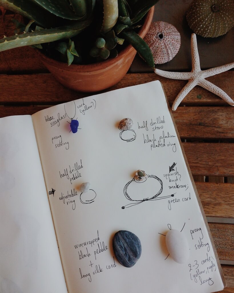 Sketches and notes for a custom set of pebble and seaglass jewelry.