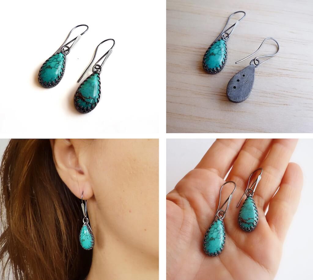 Last, my favourite of all, a new pair of turquoise earrings, entirely handfabricated in black platinum plated sterling silver.