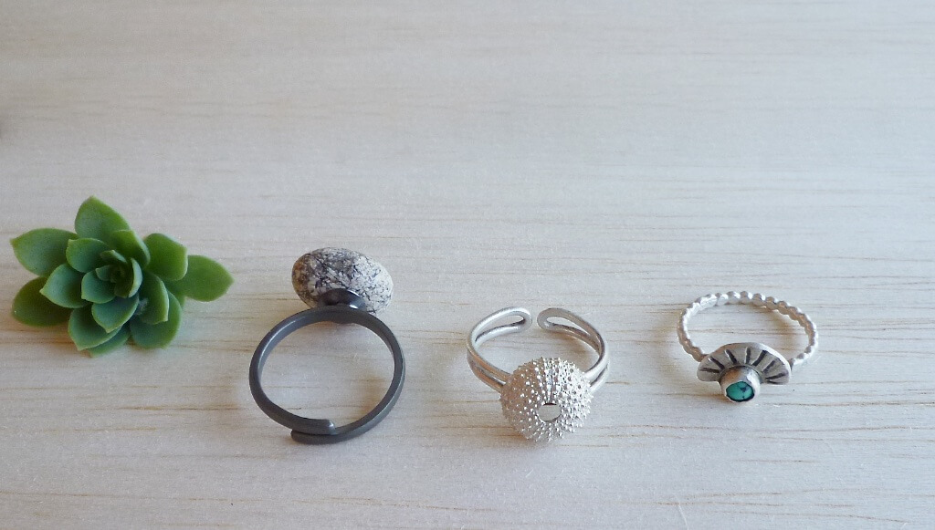 Black platinum plated ring, along with the sea urchin and turquoise "helios" ring.