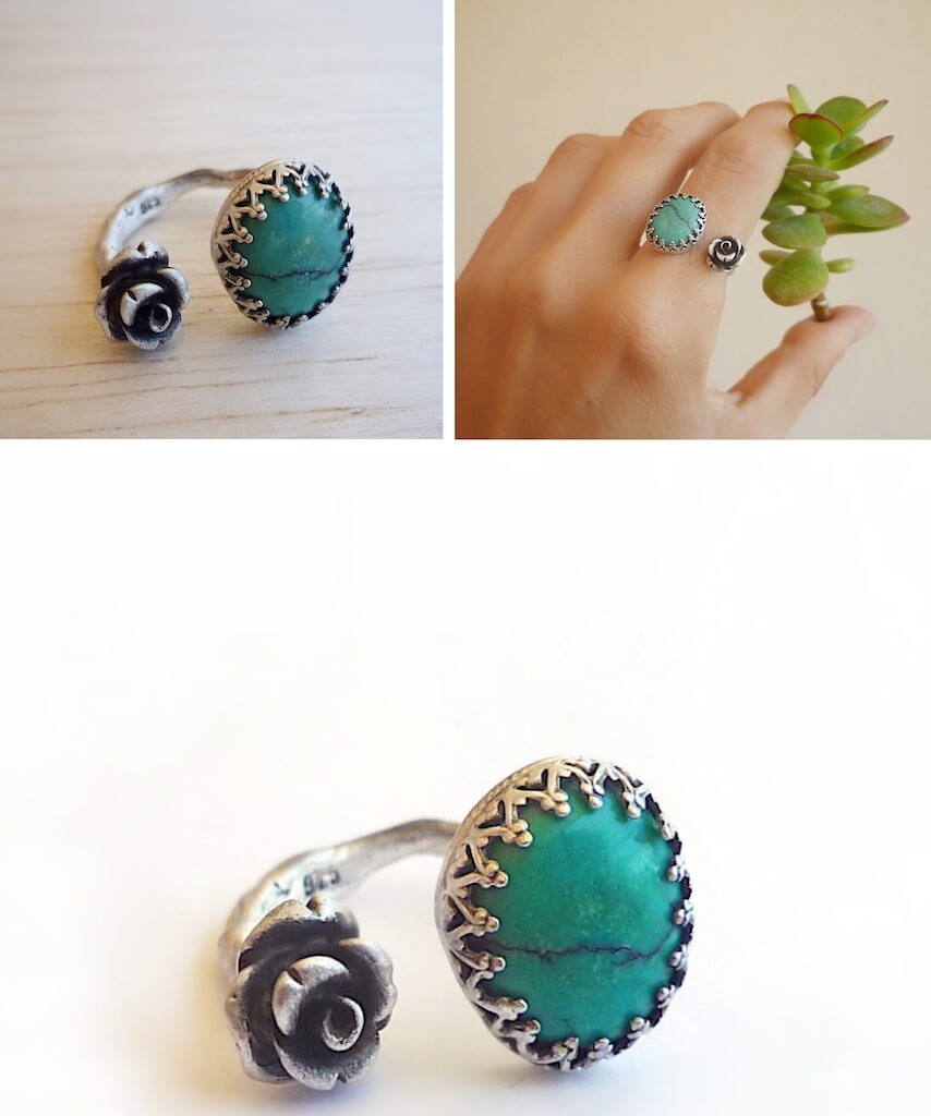 Turquoise rings with sterling silver rose.