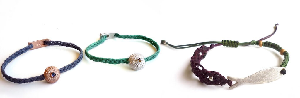 Fish and sea braided sea urchin bracelets with iolite and citrine.