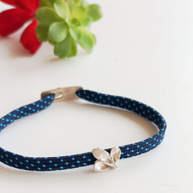 Minimal Sterling Silver Leaf Bracelet – Botanical Jewelry on Blue Cord