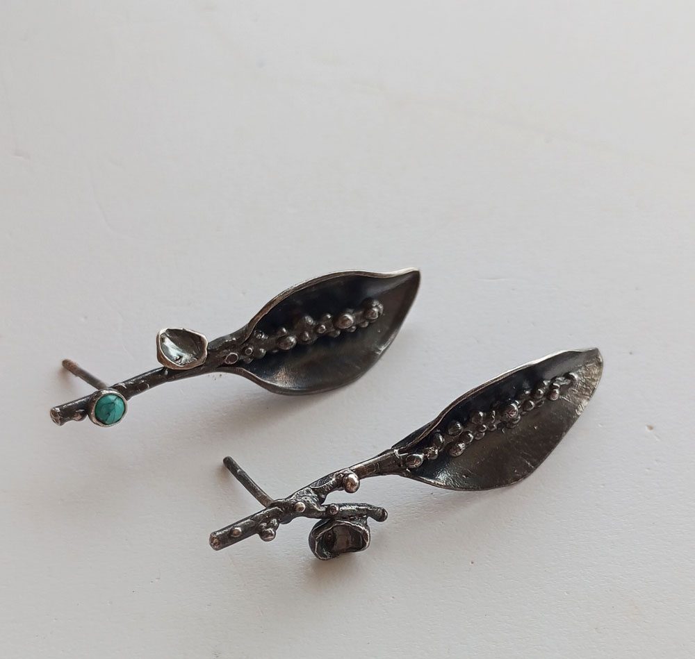 Asymmetrical Leaf Earrings with Turquoise – Oxidised Sterling Silver Botanical - Image 4