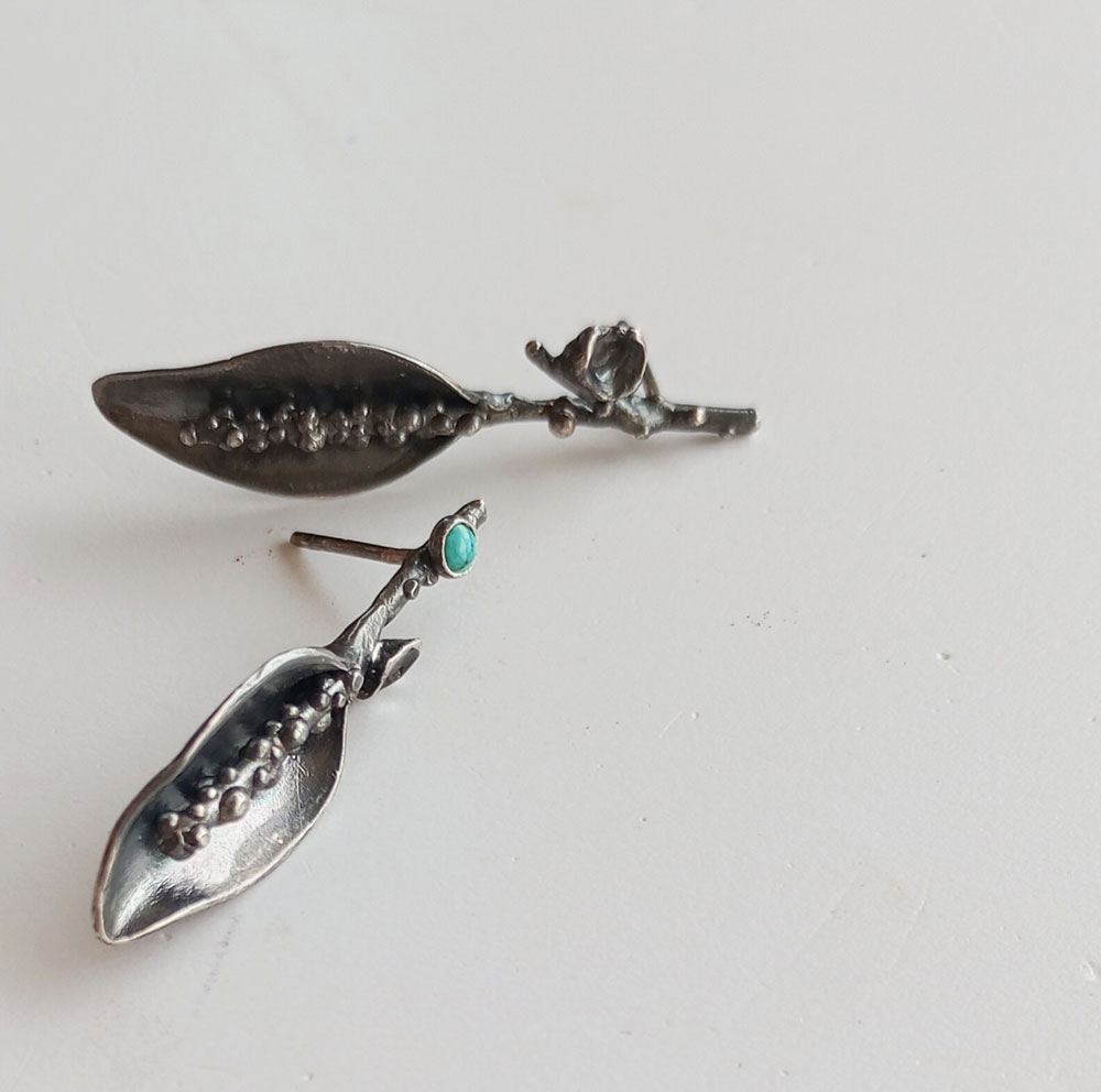 Asymmetrical Leaf Earrings with Turquoise – Oxidised Sterling Silver Botanical - Image 3