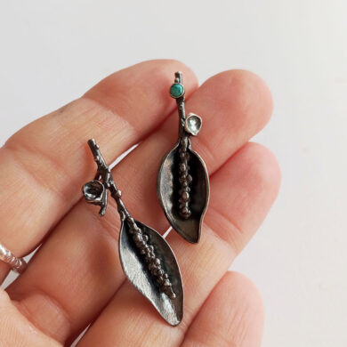 Asymmetrical Leaf Earrings with Turquoise – Oxidised Sterling Silver Botanical